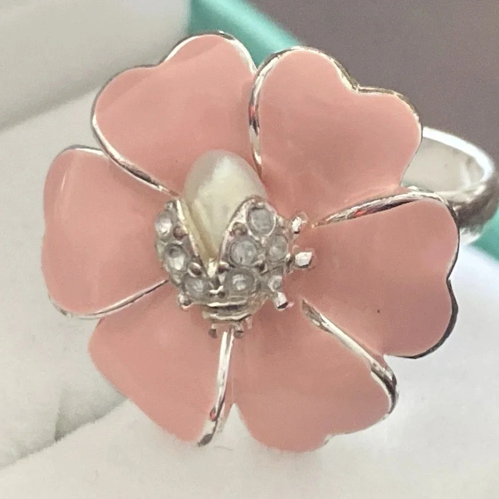 Stella & Dot Pink & Gold Tone Enamel Flower Crystal Bee Ring Adj. Fits Sz 5-9
